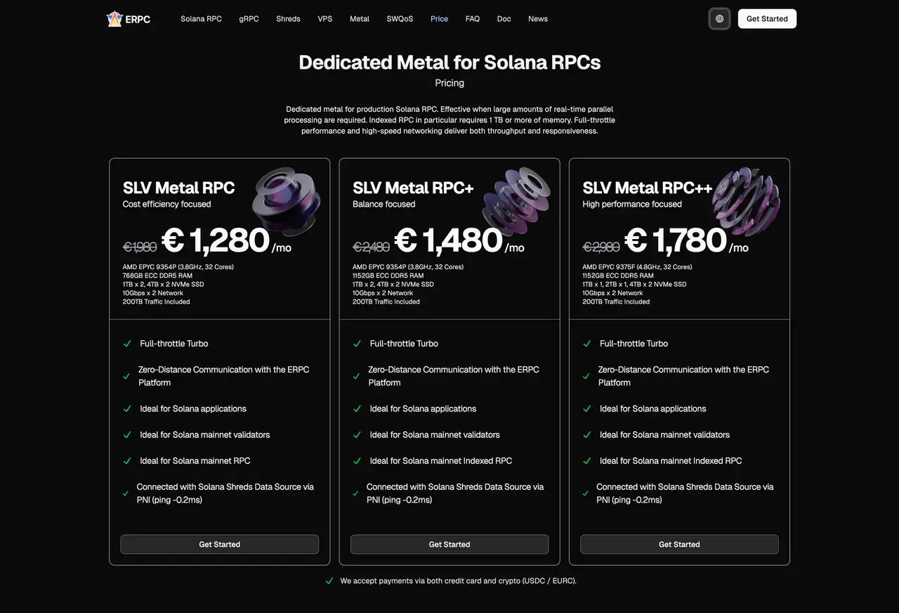Dedicated Metal for Solana RPCs Price List
