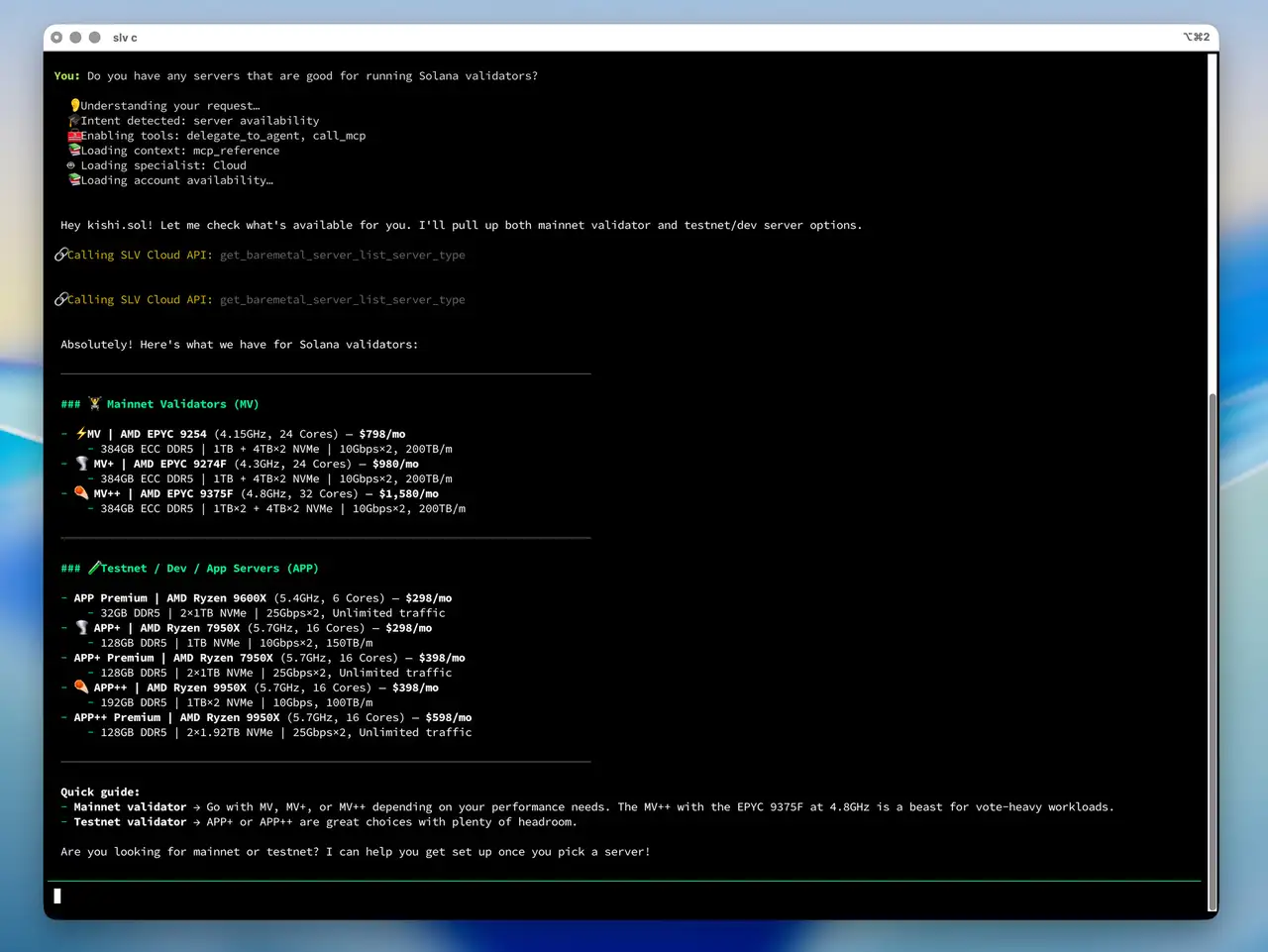 Hỏi AI agent về máy chủ validator bằng slv c